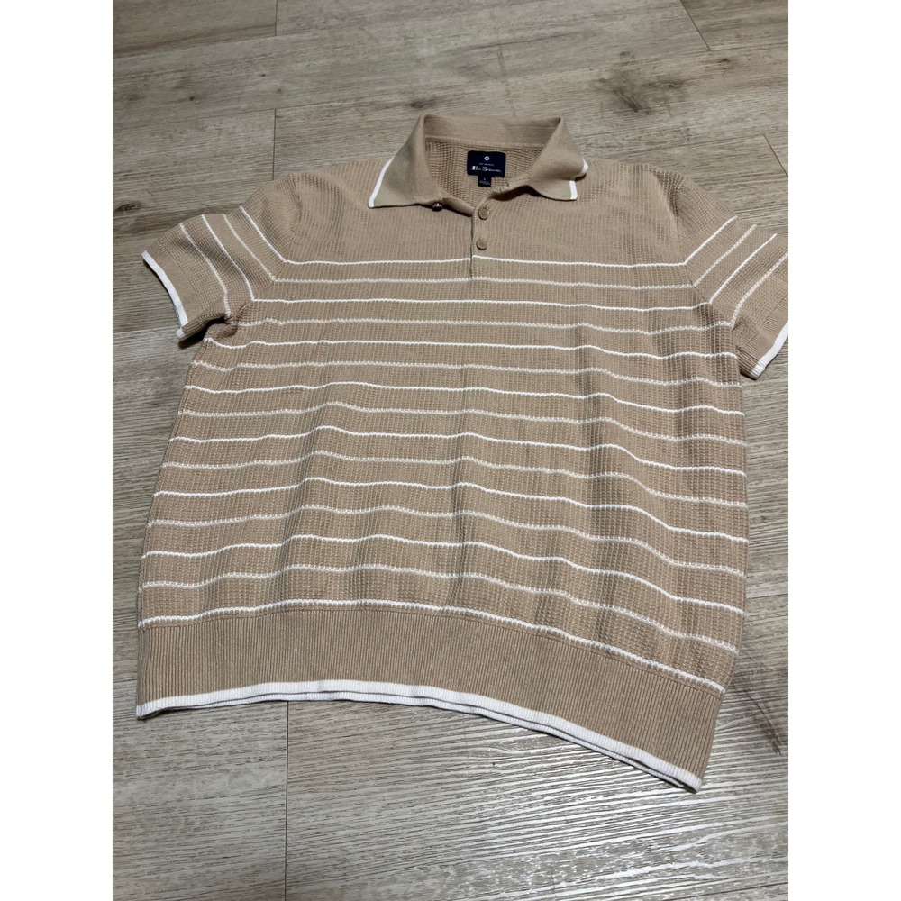 Ben Sherman Mens Knit Polo Shirt Tan White‎ Stripe Sz L Pink Oi! Rancid Haywire
